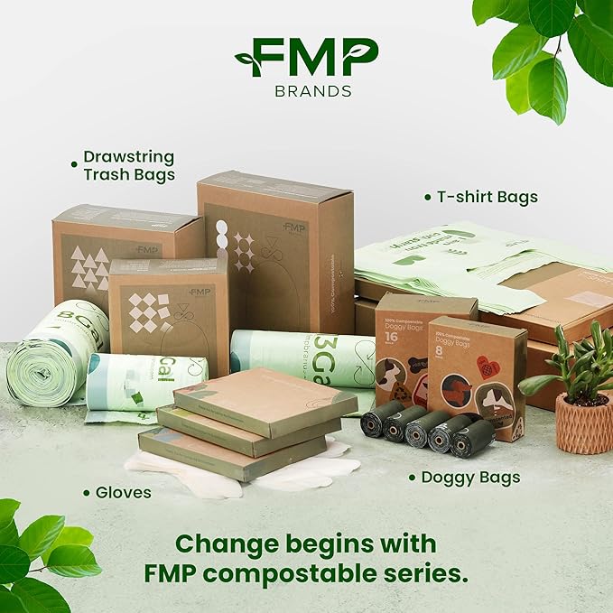 FMP Brands 100% Compostable Bags with Handle 2.6 Gallon 0.78 Mil Grocery Shopping Bags, Small Garbage Bags for Bathroom & Food Scrap, BPI & OK Compost Certified, ASTM D6400 Compliant - [1000 Count]