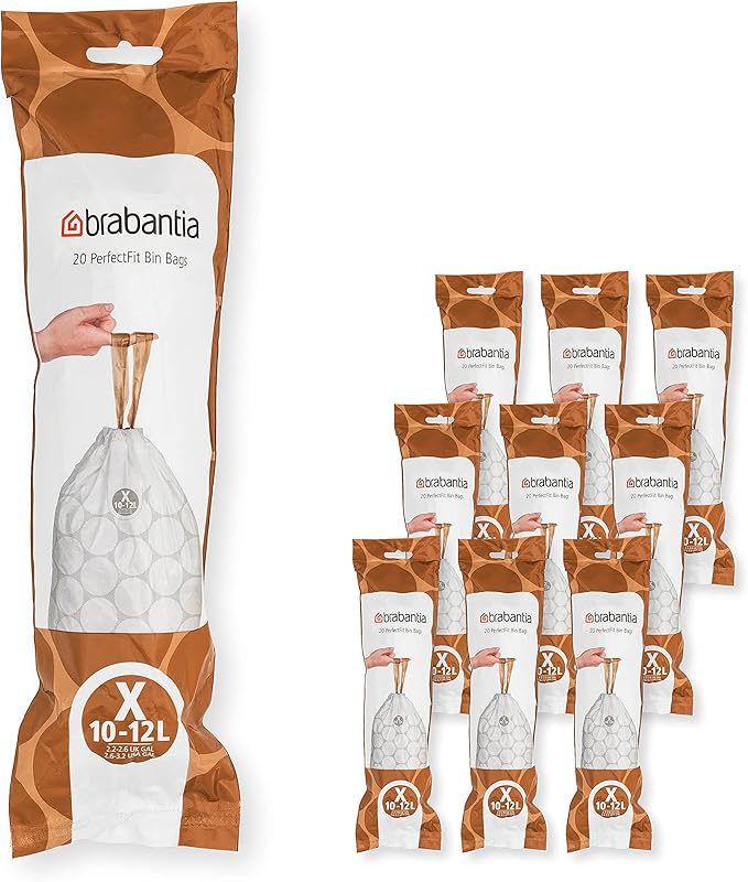 Brabantia PerfectFit Trash Bags (Size X/2.6-3.2 Gal) Thick Plastic Trash Can Liners with Drawstring Handles (200 Bags)