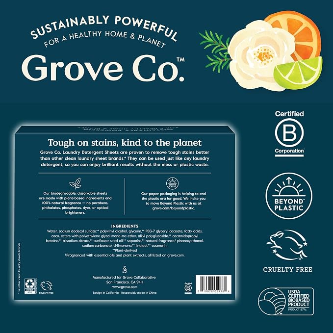 Grove Co. Laundry Detergent Sheets, 64 Loads, Lavender Blossom & Thyme | Lavender Blossom & Thyme; Fights stains