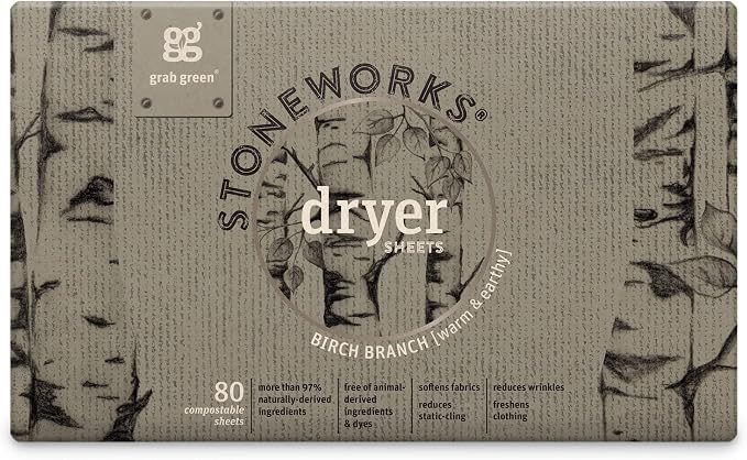 Grab Green Stoneworks Laundry Bundle, 50 Detergent Pods and 80 Dryer Sheets | Birch Branch Scent; Plant & Mineral-Based; Compostable Dryer Sheets; No Harsh Chemicals; Fights Stains; Eliminates Odors