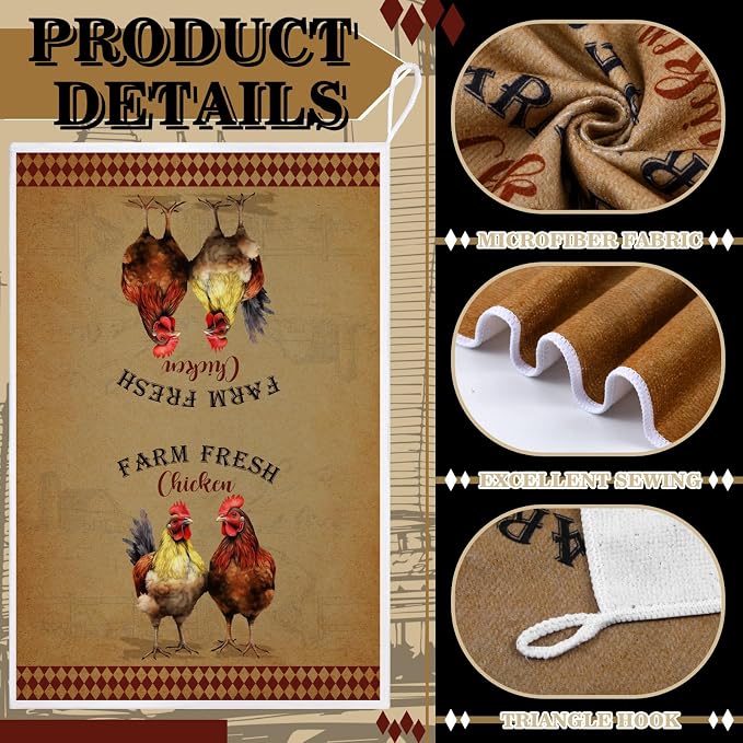 Bencailor 6 Pcs Farmhouse Kitchen Towels Chicken Rooster Kitchen Decor Farm Animal Hand Towels for Cooking Baking Housewarming Gift,15.75 x 23.62 inch(Brown,Retro Chicken Print)
