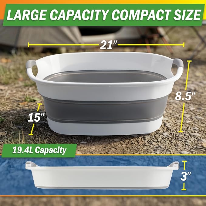 Collapsible Wash Basin - 20L Portable Sink with Drain Plug - Foldable Plastic Tub Dish Pan for Camping Gear, Handwashing Laundry, Vegetables, Dishes, Bottles, or RV Dishpan by Wakeman Outdoors (Gray)