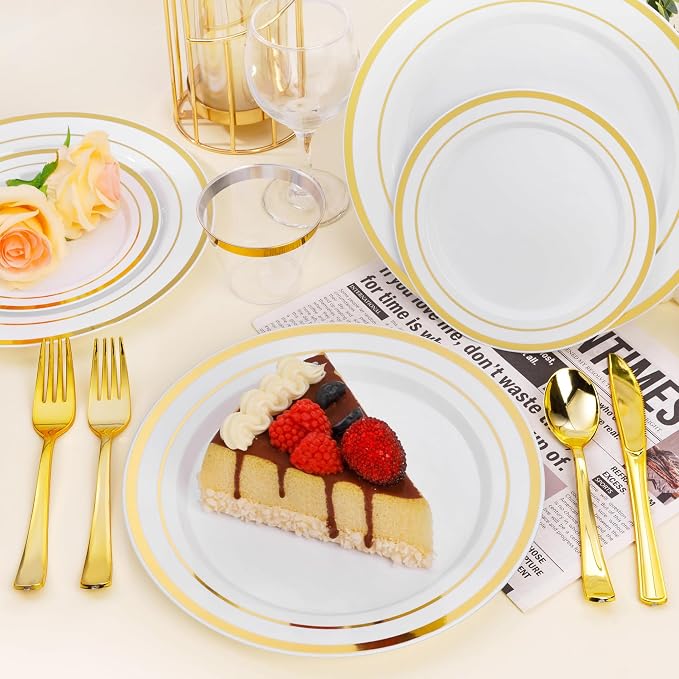 BESTSTAR 7 Inch White with Gold Rim Plastic Plates,100PCS Disposable Dessert/Appetizer/Small Cake Plates,Heavy Duty Plate Ideal for Wedding and Birthday
