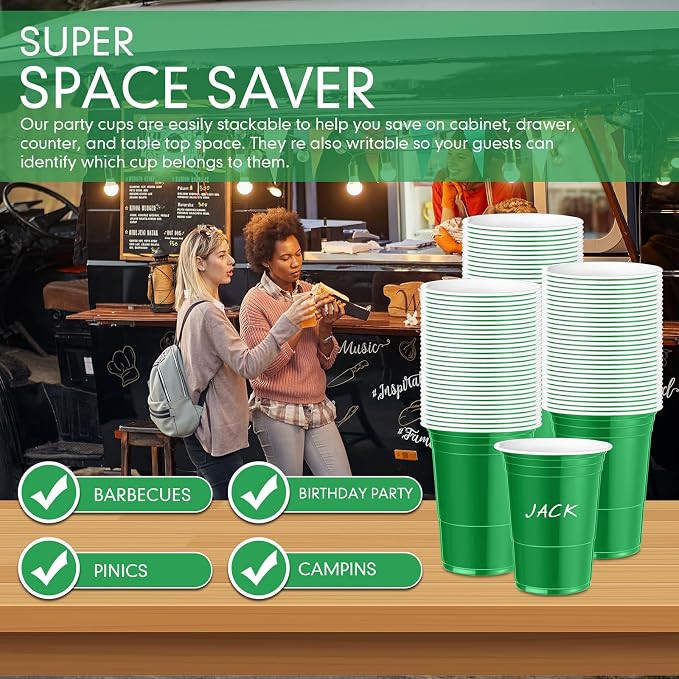 Mimorou Green 200 Pack Plastic Cups 16 oz Disposable Cups for Party Wedding Halloween Stackable Beverage Drinking Tumbler Heavy Duty for BBQ Birthday Baby Shower