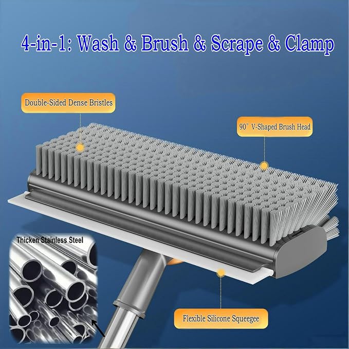 4 in 1 Floor Scrub Brush with Squeegee Long Handle Grout Brush 52'' 2026 Upgraded Multi-Functional Stiff Bristle Cleaning Scrub Brush Rotating Tile Brush for Cleaning Bathroom Patio, Pool, Garage