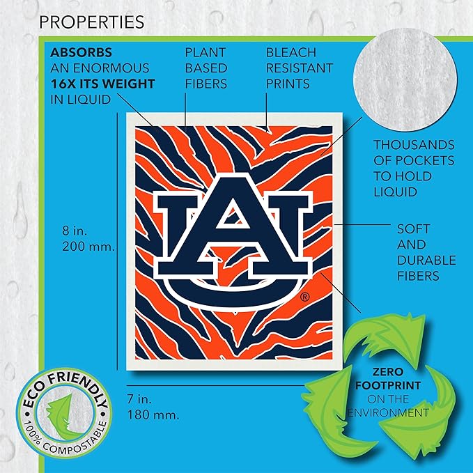 Wet-It! Auburn University- 3 Pack Swedish Dishcloths- Reusable Kitchen Towels for Dishwashing and Home Cleaning- Eco-Friendly Alternative to Paper Towels and Wipes- Machine Washable and Dryer Safe