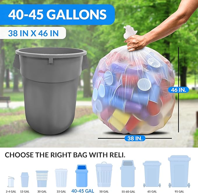 Reli. Premium 40 to 45 Gallon Trash Bags Heavy Duty | 150 Trash Bags with Ties | Super Sizeable, Clear, Serious Garbage Cleanup