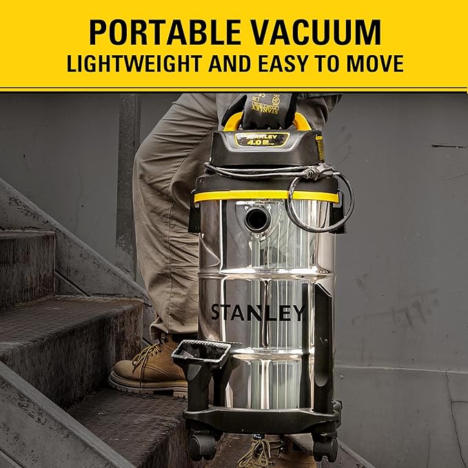 STANLEY Wet Dry Vacuum 5 Gallon with 4 HP Powerful Motor Suction,Stainless Steel Shop Vacuum Portable Wet Dry Vac for Jobsite, Workshop, Garage, Basement SL18130