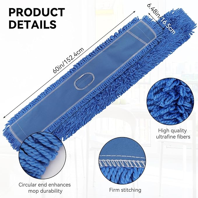 60 Inch Commercial Dust Mop Head: Replacement Medium Washable Industrial Mop Head Sweeper and Janitorial Replacement Blue