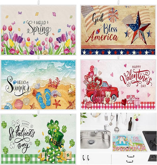 Nuanchu 6 Pcs Seasonal Dish Drying Mats for Kitchen Counter 24"x 16" Easter 4th of July Valentine St. Patrick's Day Microfiber Drainer Mat Large Holiday Spring Summer Washable Mat for Home Accessories