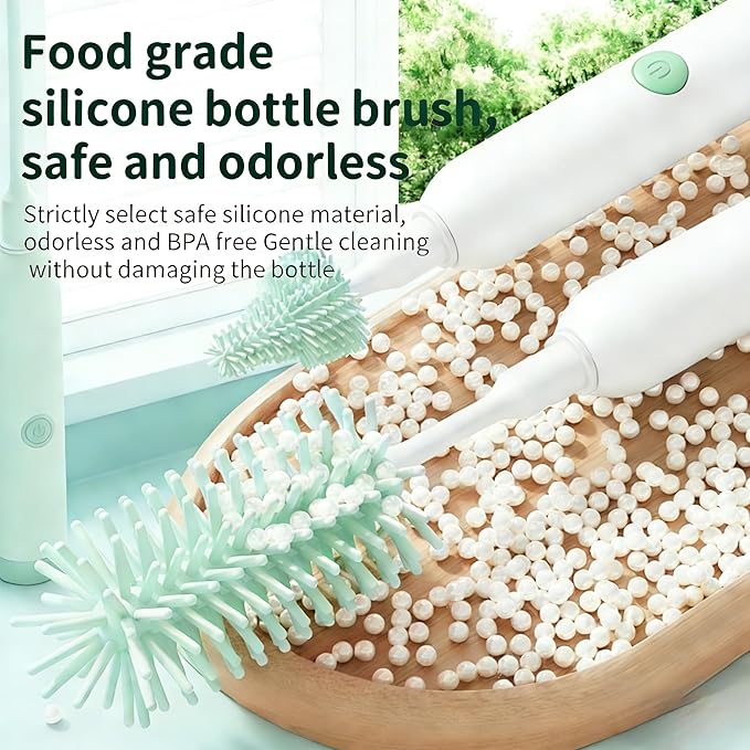 Portable Electric Silicone Bottle Brush Set, 7-in-1 UV Light USB Charging, Nipple/Straw Cleaner, Milk Mixer, Built-in Drying Rack & Storage Case, BPA-Free, IPX7, On-the-Go for New Parents (Mint)