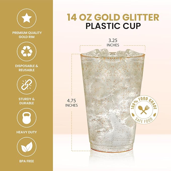 R-kay 14 oz Gold Glitter Plastic Cups For Party - 50 Pack Gold Plastic Cups - Hard Disposable Cups - Premium Heavy Duty Gold Cups - Disposable Cocktail Glasses - Party Cups (100 Pack, 14, OZ)