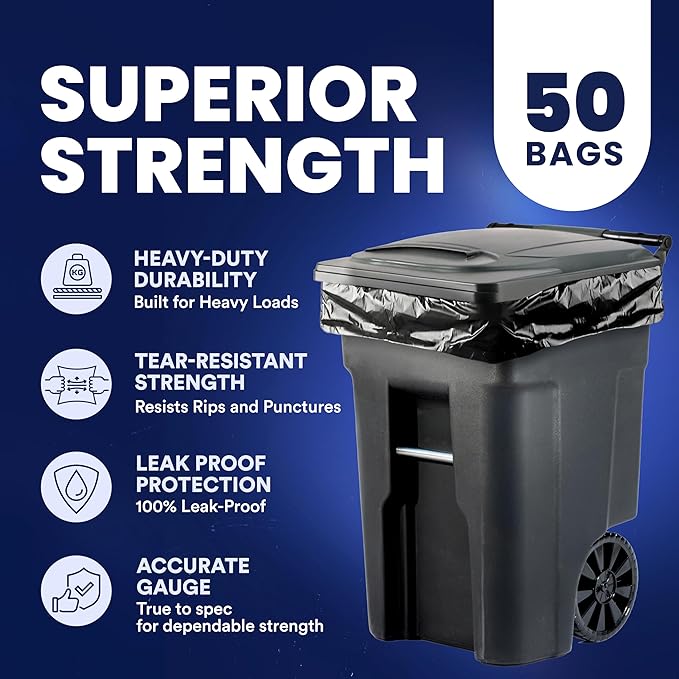 Plasticplace 95-96 Gallon Trash Bags │ 2.0 Mil │ Black Heavy Duty Garbage Can Liners │ 61” x 68” (50 Count)