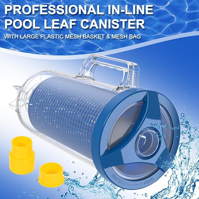 POOLAZA Pool Leaf Canister for Pool Vacuum, Professional Pool Leaf Catcher for Pool Vacuum with Large Plastic Mesh Basket & Mesh Bag, Inline Pool Vacuum Filter Attachment Fits 1-1/2” Pool Vacuum Hose