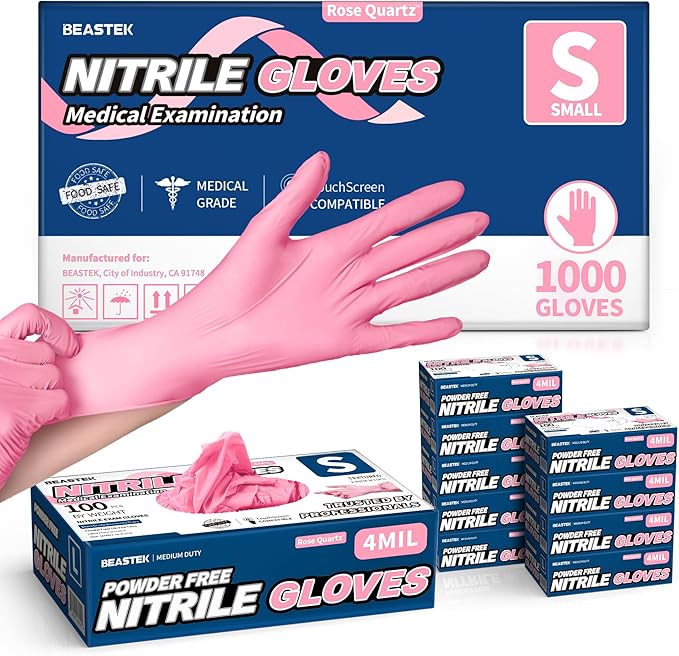 Beastek Nitrile Exam Gloves, 4Mil Disposable Powder-Free Latex-Free Glove for Medical Cooking Clean Esthetician Pink 1000 Pcs
