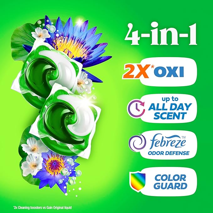 Gain Flings Liquid Washing Detergent Pacs, Now with Odor Defense + Color Guard, Waterfall Delight Scent, 4-In-1 Liquid Laundry Detergent Pods, clean & fresh, 60 Count
