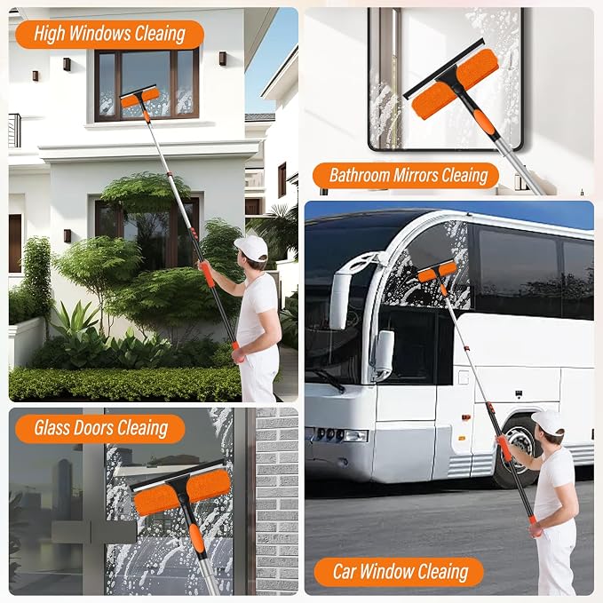 18FT High Window Cleaning Kit with Pole,2 in 1 Window Squeegee,3-12FT Professional Window Clean Pole Kit,2 Squeegee & 2 Microfibre Cloths,180°Rotatable Squeegee for Indoor/Outdoor High Windows