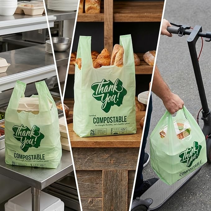 (Small) OrangeBio Certified Home Compostable Shopping Bags, 500 ct, Hold 12 lbs, 8" x 5" x 16.5", Thank You/Grocery/Take Out/T Shirt/To-Go Bags for Retail, Grocery Store