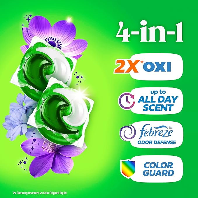 Gain Flings Liquid Washing Detergent Pods with Odor Defense + Color Guard, Moonlight Breeze Scent, 4-in-1 Liquid Laundry Detergent Pacs, Clean & Fresh, 42 Count (Packaging May Vary)