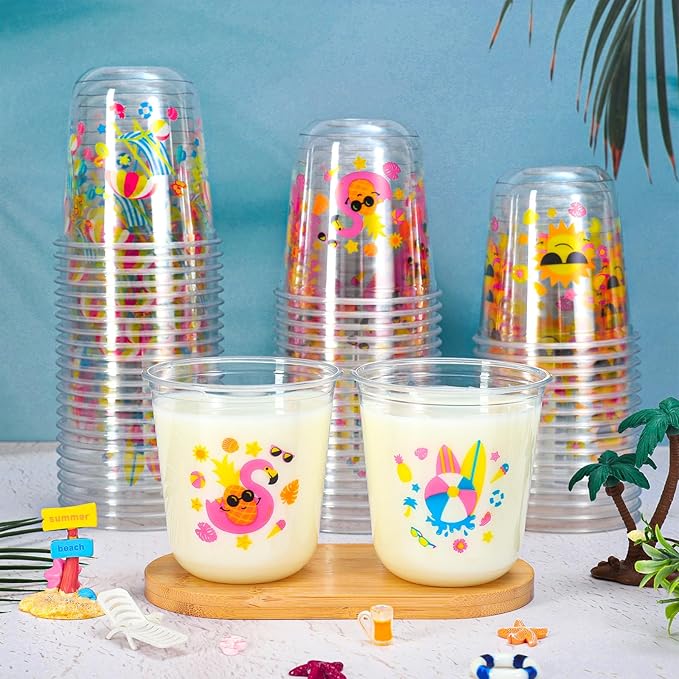 Whaline 60Pcs Pool Party Plastic Cups 12 Oz Disposable Clear Stemless Wine Cocktail Glasses PET Drinkware Cups Set for Summer Beach Hawaiian Luau Birthday Party Supplies
