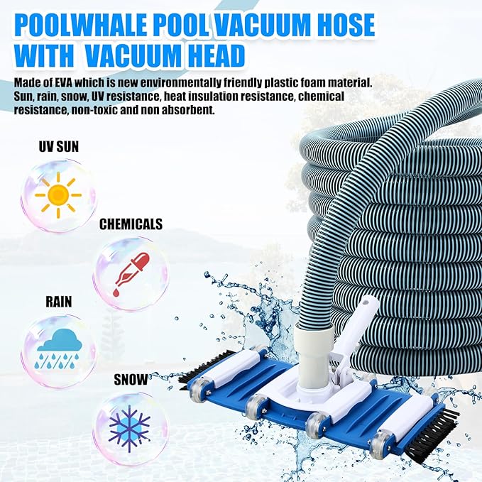 3 Pcs Pool Vacuum Kit Manual Vacuum Head with 1-1/2" x 18ft Hoses and Skimmer Net Flexible Head with Side Brushes and Wheels, Maintenance Accessories for Above Ground Inground Pool Cleaning