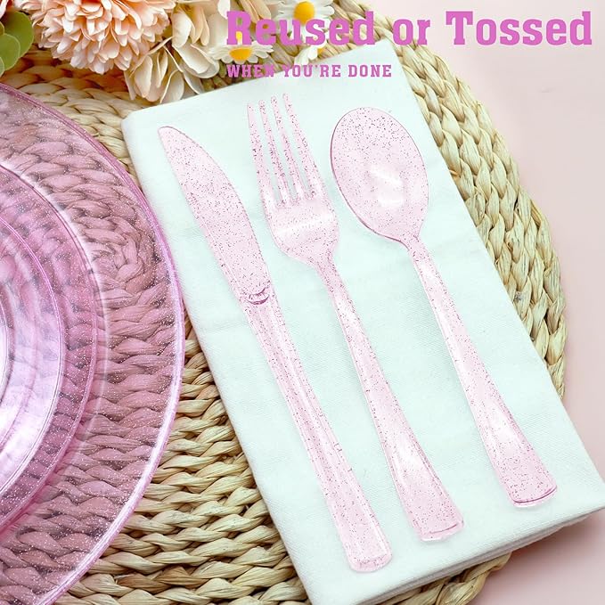 150PCS Purple Plastic Silverware, Purple Glitter Plastic Cutlery Disposable, 50 Forks, 50 Knives, 50 Spoons Heavy Duty, Perfect for Birthday, Wedding, Baby Shower, Picnic