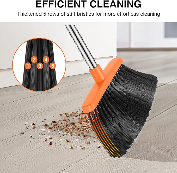 NACENA Broom and Dustpan Set, 52-in Long Adjustable Handle Broom Dustpan Combo with Dustpan Teeth to Automatically Clean Hair Suitable for Home Kitchen Office Hall Floor（Black&Orange）
