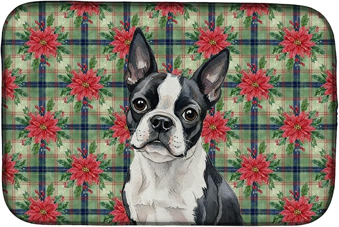 Caroline's Treasures Boston Terrier Christmas PoinsettIas Dish Drying Mat Absorbent Dish Drying Mat Pad for Kitchen Counter Dish Drainer Mat for Countertop, 14 x 21", Multicolor