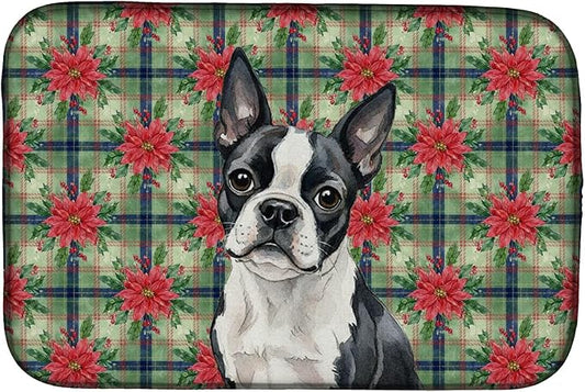 Caroline's Treasures Boston Terrier Christmas PoinsettIas Dish Drying Mat Absorbent Dish Drying Mat Pad for Kitchen Counter Dish Drainer Mat for Countertop, 14 x 21", Multicolor