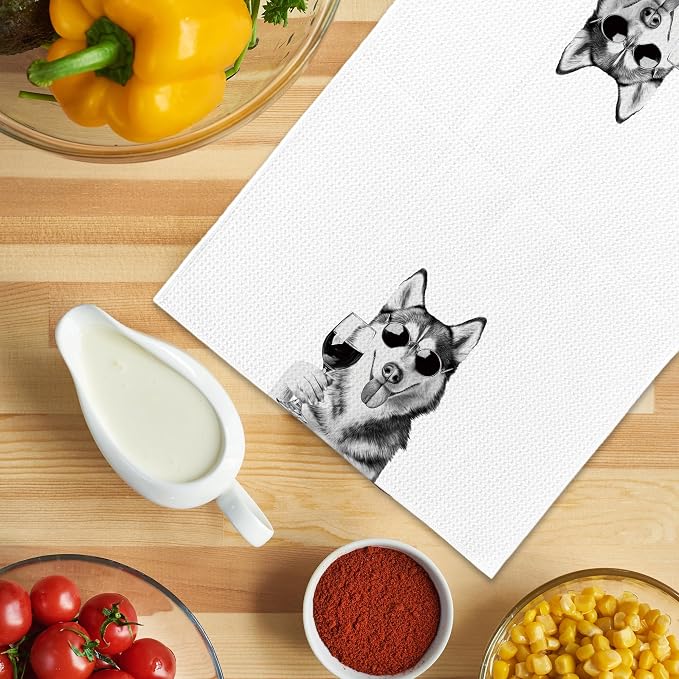 Funny Husky Wine Kitchen Towels, Gifts for Dog Wine Lovers, Bar Accessories Dish Tea Towels for Kitchen, Dog Owners Housewarming Gift Decorative Hand Towel 16x24 Inch