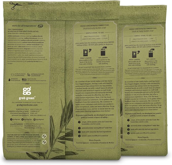 Grab Green Stoneworks Laundry Detergent Pods, 100 Count, Olive Leaf | EPA Safer Choice; Plant & Mineral-Based; Fights stains; Eliminates odors; Softens naturally; No Harsh Chemicals