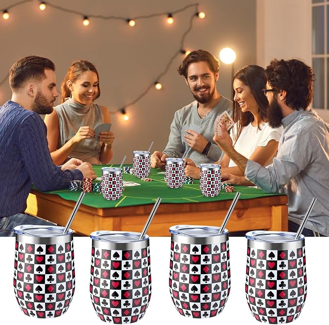 LemonRoad 6 Pcs Casino Gifts for Men Women Poker Lover Casino Tumbler Cup with Lid and Straw 12 oz Stainless Steel Wine Tumbler Party Supplies for Las Vegas Poker Night Wedding Birthday Favors