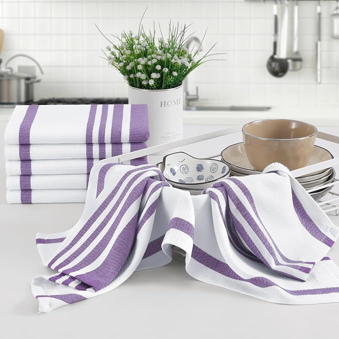 Homaxy Premium Kitchen Towels 18”x 28”, Large Cotton 380 GSM Kitchen Hand Towels, Stripe and Terry Dish Towel, Highly Absorbent Tea Towel Set with Hanging Loop, 8 Pack, Purple