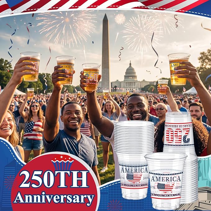 Jingmore 50 Pcs 250th Anniversary Plastic Cups 12 oz Patriotic Disposable Plastic Cups 1776-2026 Freedom Thick Clear Drinkware for Independence Day 4th of July Party Supplies