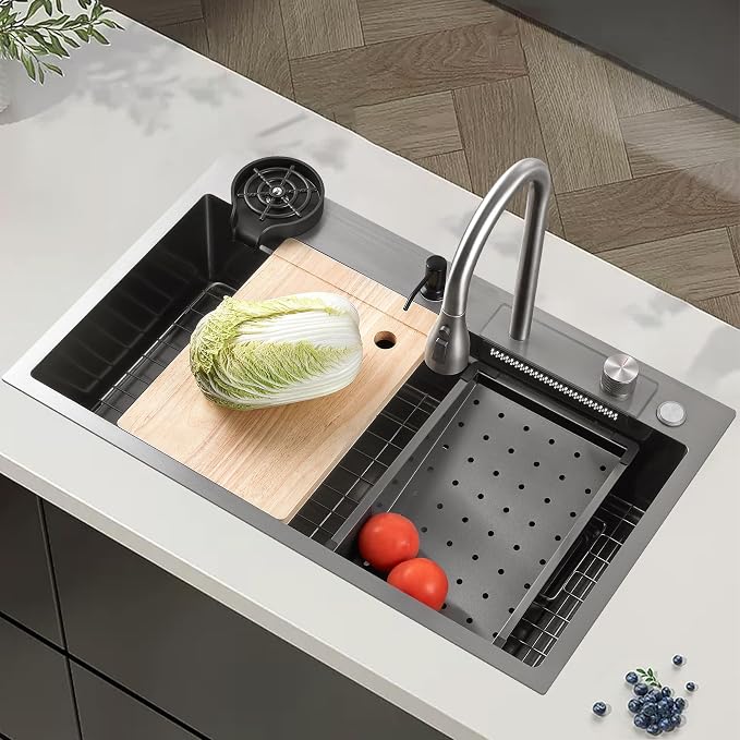 26 x 19.7 Inch Black-Grey Stainless Steel Waterfall Kitchen Sink, Multifunctional Single Bowl Modern Kitchen Sink with Pull-Out Spray Faucet, Cup Washer, and Accessory