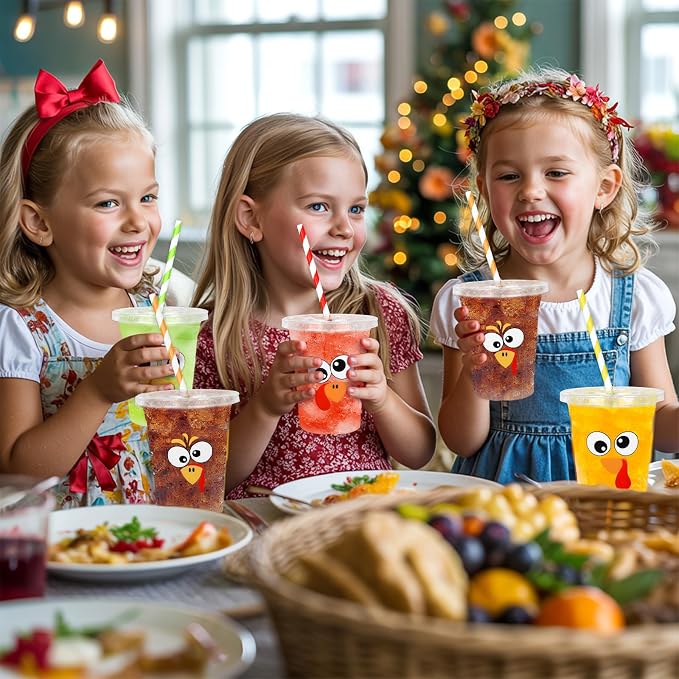 FYSUIMU 100Pcs 12Oz Fall Thanksgiving Plastic Cups with Lids and Straws Funny Cartoon Turkey Expression Cold Beverage Drinking Cups for Autumn Harvest Party Supplies