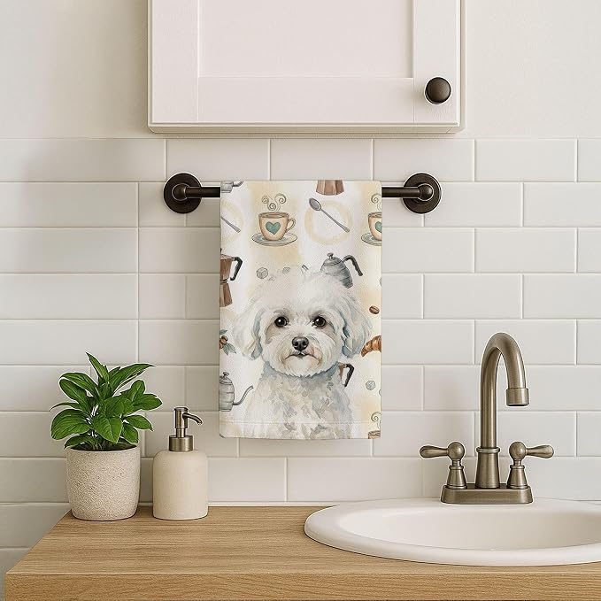 Caroline's Treasures Bichon Frise Coffee Bar Kitchen Towel Velour Plush Front and Cotton Loop Back Machine Washable