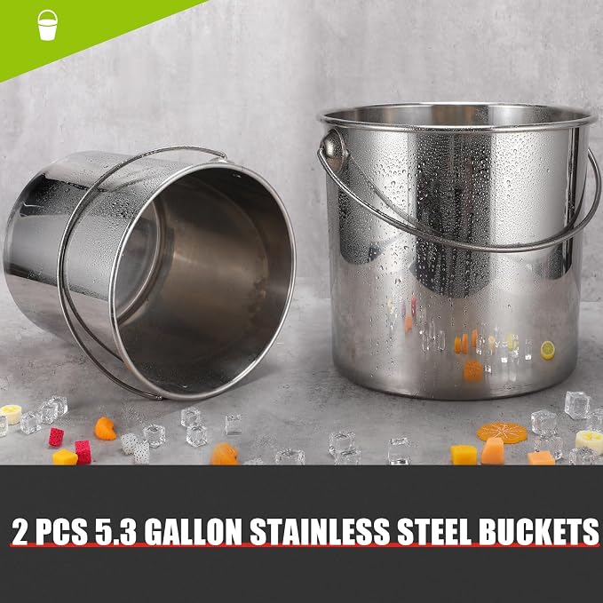 Hsei 2 Pcs Stainless Steel Bucket for Pet Cleaning, 5.3 Gallon Metal Bucket Water Pail with Handle for Fence Kennel Cage Garage Garden Workshop