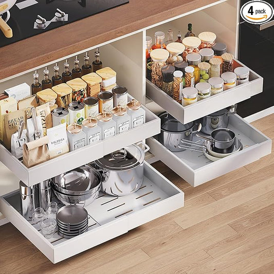 4 Pack Pull out Cabinet Organizer,Extendable (12"-20") Heavy-Duty Pull-Out Drawers (white, 21" Dx12-20 W)