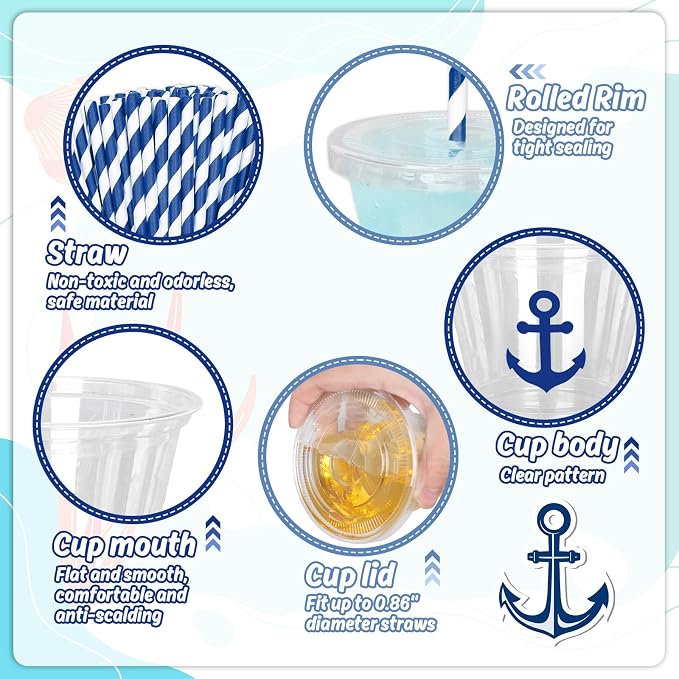 Whaline 100Pcs 9Oz Nautical Disposable Plastic Cups with Lids and Straws Blue Anchor Cold Beverage Drinking Cups for Iced Coffee Smooth Juice Tea Milkshake
