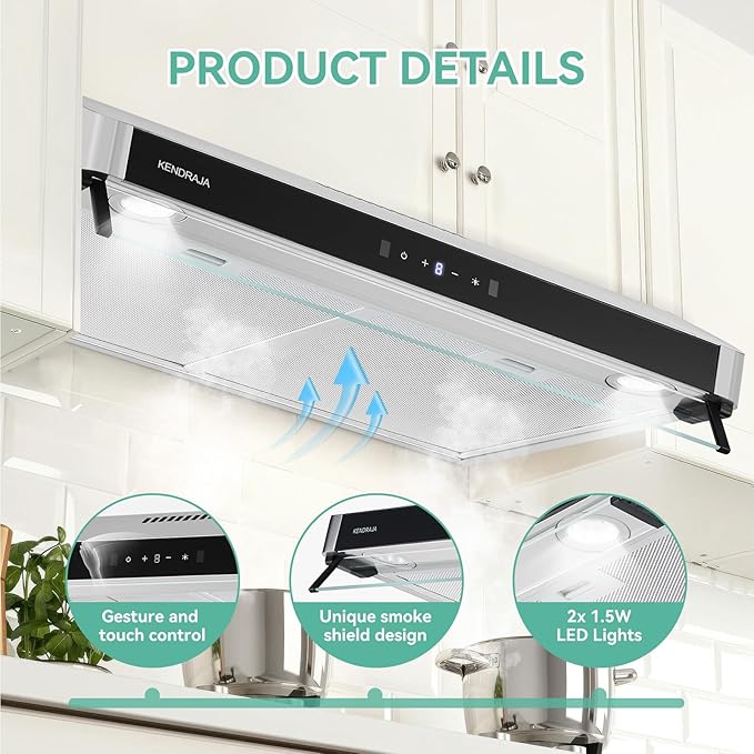 30 Inch Under Cabinet Range Hood | 400 CFM Stainless Steel | Convertible Ducted/Ductless | Touchless Gesture Control | Washable Grease Filters | 3 Speed Fan | LED Lighting - Kendraja