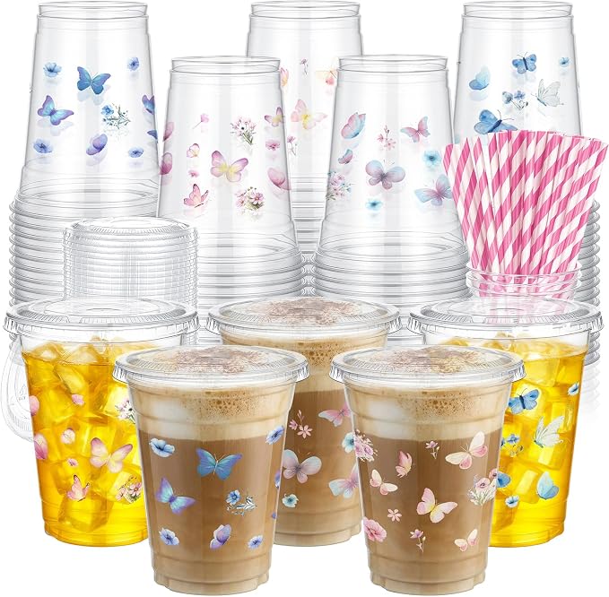 FoldTier 100 Pack Butterfly Plastic Cups with Lids and Straws 12 oz, Disposable Fairy Drinking Cups Clear for Birthday Wedding Party, Baby Shower, Bridal Shower Party Decorations