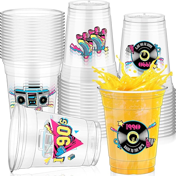 Pickmesh 50 Pcs 90s Theme Party Decorations Back to 90's Plastic Cups Hip Hop Party Supplies 12 oz Thick Clear Disposable Drinkware Cups Retro Music Supplies