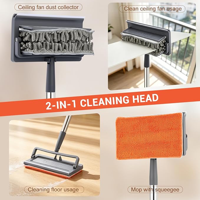 360° Ceiling Fan Blade Cleaner with 76“ Long Handle, 4-in-1 | Reusable Fan Duster for Ceiling Fan Blades, Multi-Functional Chenille Duster Cleaner Kit for Baseboard, Wall, Floor, Window