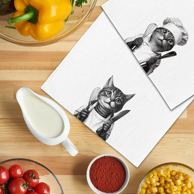Funny Chef Cat Kitchen Towels Set of 2, Cat Mom Lady Lovers Owner Gifts for Women Dish Tea Towels for Kitchen, Gifts for Pet Lovers Decorative Hand Towel, 16x24 Inch