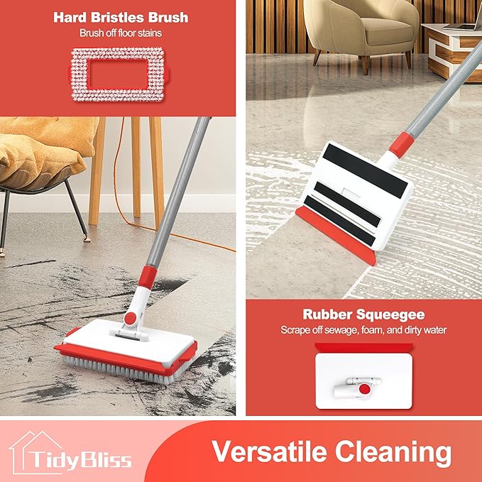 Baseboard Cleaner Tool with Handle, 55.9” Long Wall and Base Board Cleaning Mop, 4 Reusable Pads, 1 Stiff Bristle Scrubber Brush for Floorboard Ceiling Cabinet Window Bathroom Kitchen (Red)
