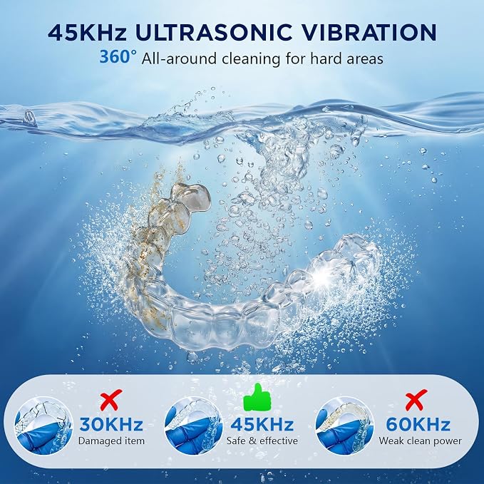 Ultrasonic Retainer Cleaner Machine, 45kHz Rechargeable Cordless Denture Cleaner for Aligners, Night Guards & Mouth Guards, 200ML Dental Cleaning Pod with 3 Cleaning Modes and 6 Cleaning Tablets