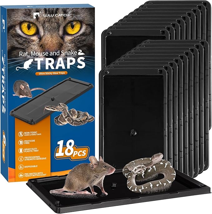 LULUCATCH Mouse Traps, 18 Pack Large Glue Traps Mouse Traps Indoor for Home, Pre-Baited Non-Toxic Bulk Glue Boards for Mice, Snakes, Rat, Lizard, Cockroach & Spiders, Pet Safe, Easy to Use