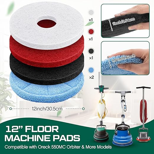 Batiyeer 5 Pack 12" Commercial Microfiber Carpet Bonnet Mopping Buffing Pad Floor Machine Pads Compatible with BGEM9000, ORB550MC Floor Machines, and Orbiter Pads 437053 (Blue,Red,Black,White)