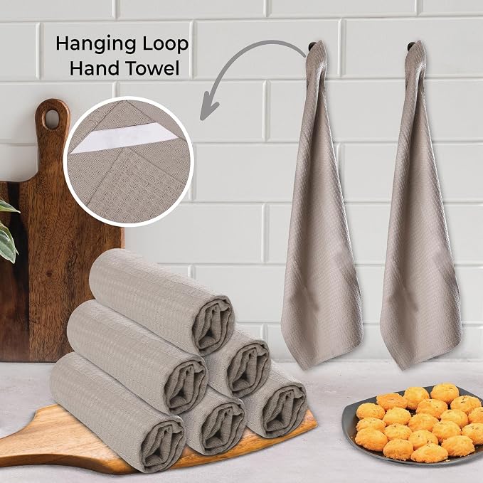 Urban Villa Waffle Dish Towels - Tan Color Set of 6 Highly Absorbent Cotton Towels - Oversized 18x28 with Mitered Corners